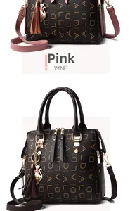 Close-up of PU leather handbags featuring cat pendants and monogram letter prints