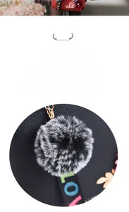 Détail du pompon en fausse fourrure et de la sangle brodée LOVE sur sac en cuir