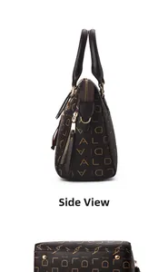 Detail view of large capacity dark brown PU leather tote bag with side zipper pocket