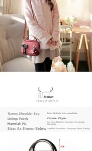 Détail du sac à main en cuir PU rose poudré avec fleur décorative et breloque pompon doux