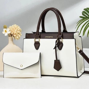 Zweiteiliges Set aus großer Kontrastfarben-Tote-Bag und Clutch in Beige und Braun