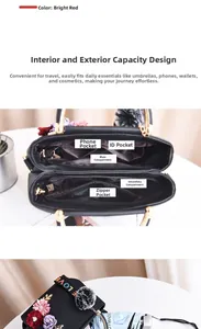 Détails du sac à bandoulière noir en cuir grainé avec fleurs 3D et pompon peluche
