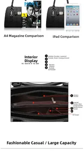 Quilted black handbag size comparison with iPad and 5-pocket interior layout details