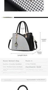 Detailed infographic of women's checkerboard handbag showing 3 main pockets and dimensions