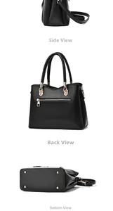 Three-way view of black tote bag showing side, back zipper pocket and bottom rivets