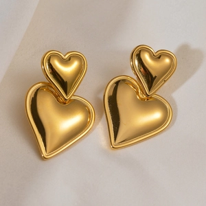 French luxury gold heart drop earrings with irregular layered double heart design