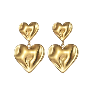 French vintage double heart drop earrings in gold titanium steel with pleated texture