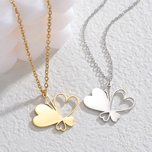 Stainless Steel Butterfly Heart Pendant Necklace Minimalist Double Heart Clavicle Chain Jewelry For Women Elegant Sweet