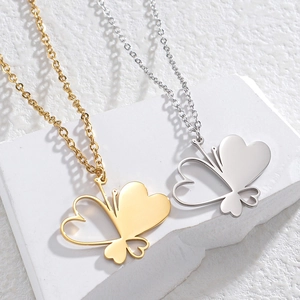 Minimalist double heart butterfly pendant necklaces in polished gold and silver finish