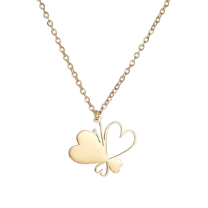 Elegant gold-tone stainless steel necklace with butterfly heart pendant on white background