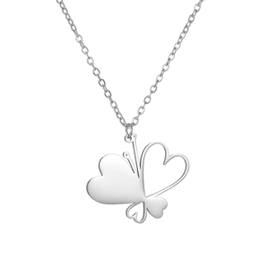 Polished silver stainless steel butterfly and heart pendant necklace with thin chain