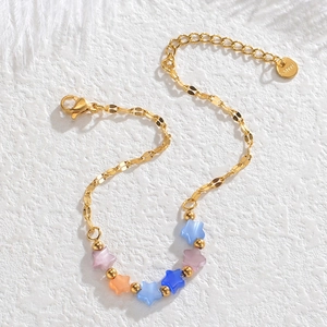 Minimalist stainless steel star beaded bracelet with colorful cat eye stones for women
