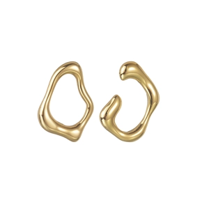 Minimalist irregular fluid gold earrings in liquid metal style on a white background