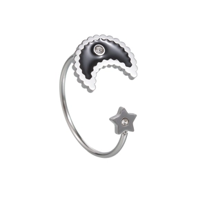 Anello regolabile argento con luna e stella, smalto nero e piccoli strass lucidi