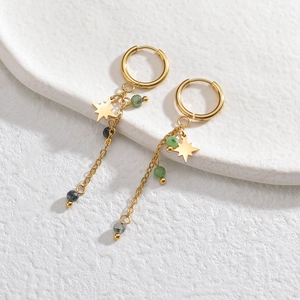 14K gold plated stainless steel drop earrings with star charm and beaded stone fringe