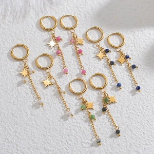 Stainless Steel Eight Pointed Star Tassel Earrings Colorful Beads Hoop Dangle Long Fringe Minimalist Jewelry For Women
