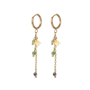 Macro shot of 14K gold-plated star drop earrings with green beads on steel chain