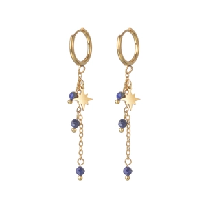 Detailed close-up of 14K gold plated tassel earrings with star pendant and blue lapis beads