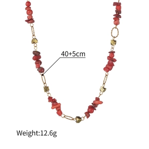 Natural red stone bead necklace with 18K gold plated stainless steel chain, 40+5cm length