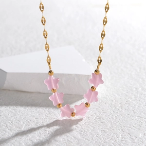 Collana Pendente Stella Rosa Acciaio Inossidabile Placcato Oro Perle Pietra Occhio Di Gatto Gioielli Stile Dolce Per Donna