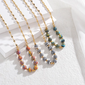 Beaded Necklace Stainless Steel Gold Plated Macaron Swirl Marble Pattern Round Beads Bohemian Vintage Style For Women