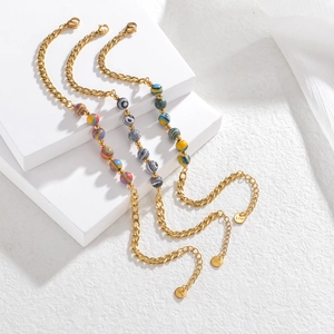 Elegant Gold Plated Stainless Steel Bracelet With Colorful Striped Round Beads Minimalist Fashion Jewelry Gift For Women