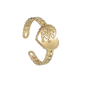Minimalist gold stainless steel chain ring with love heart engraved plaque on white background