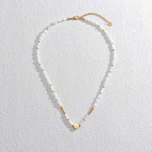 14K gold heart pendant necklace with white pearls and bamboo beads for women