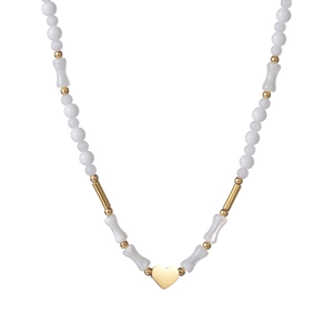 Handmade double-layer beaded necklace featuring white pipe beads and a gold heart pendant