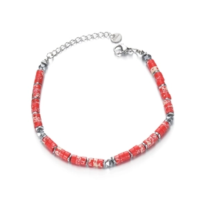 Detail of red marble beads bracelet with stainless steel clasp and S.Steel tag