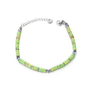 Detail view of green beaded stainless steel bracelet with lobster clasp and chain extension
