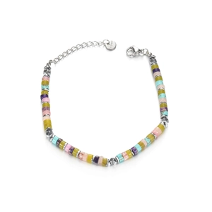Detail of colorful beaded stainless steel bracelet with lobster clasp and S.steel tag