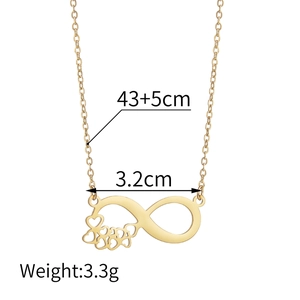Minimalist gold infinity and hollow heart pendant necklace with dimensions on white background