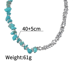 Ethnic style stainless steel necklace with irregular green stones and silver beads, 40+5cm