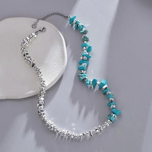 Turquoise Beaded Necklace Stainless Steel Irregular Gravel Ethnic Retro Bohemia Jewelry For Women