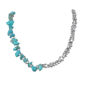 Ethnic style stainless steel necklace with turquoise stone and irregular silver beads