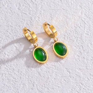 Boucles D'oreilles Créoles Rétro Français Vert Émeraude Faux Pierre Gemme Acier Inoxydable Plaque Or Bijoux Design Pour Femmes
