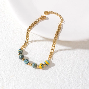 Minimalist gold stainless steel bracelet with colorful macaron striped beads for women