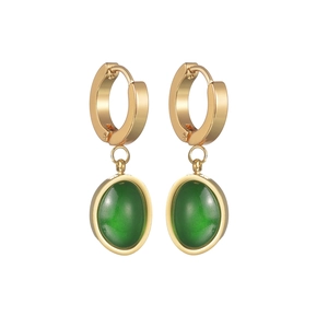 Boucles d'oreilles vintage françaises avec pierre vert émeraude et acier inoxydable doré