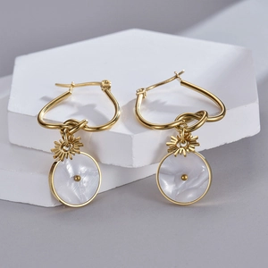 Sonnenmotiv Weißperlmutt Ohrhänger 14K Vergoldet Edelstahl Knoten Haken Runde Scheibe Für Damen Mode