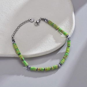Minimalist stainless steel beaded bracelet with green imperial stone and lobster clasp