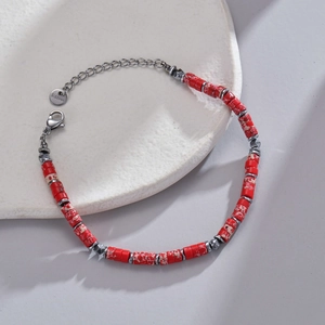 Fashionable red beaded stainless steel bracelet with marble texture and lobster clasp