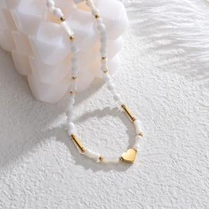 Vintage French Style Heart Pendant Beaded Necklace Stainless Steel Gold Plated Elegant Jewelry For Women