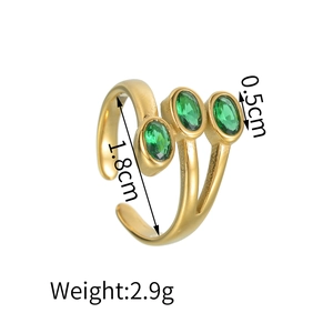 Vintage French gold-plated stainless steel open ring with three green oval zircons