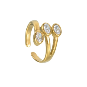 Close-up of gold oval zircon open ring with a three-stone split band design