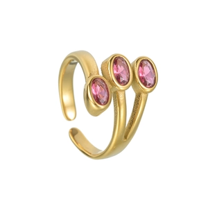 Detail of three oval pink gemstones set in a gold plated adjustable open ring band