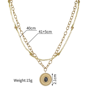 Collier double rang en acier inoxydable avec perles colorées et pendentif soleil vintage