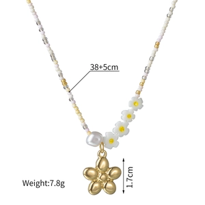 Colorful beaded flower necklace with stainless steel pendant and baroque pearl, 38+5cm