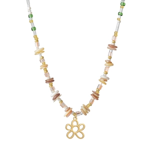 Colorful beaded flower necklace with green, amber, and gold accents on white background