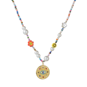 Collier bohème en perles colorées avec smileys et pendentif disque œil porte-bonheur